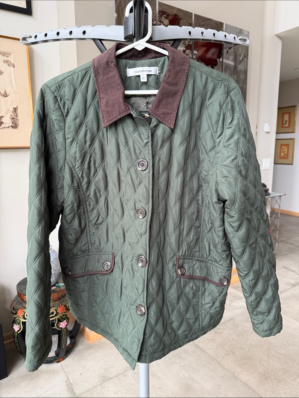 croft & barrow Quilted Olive Jacket with Brown Corduroy Collar Women’s L